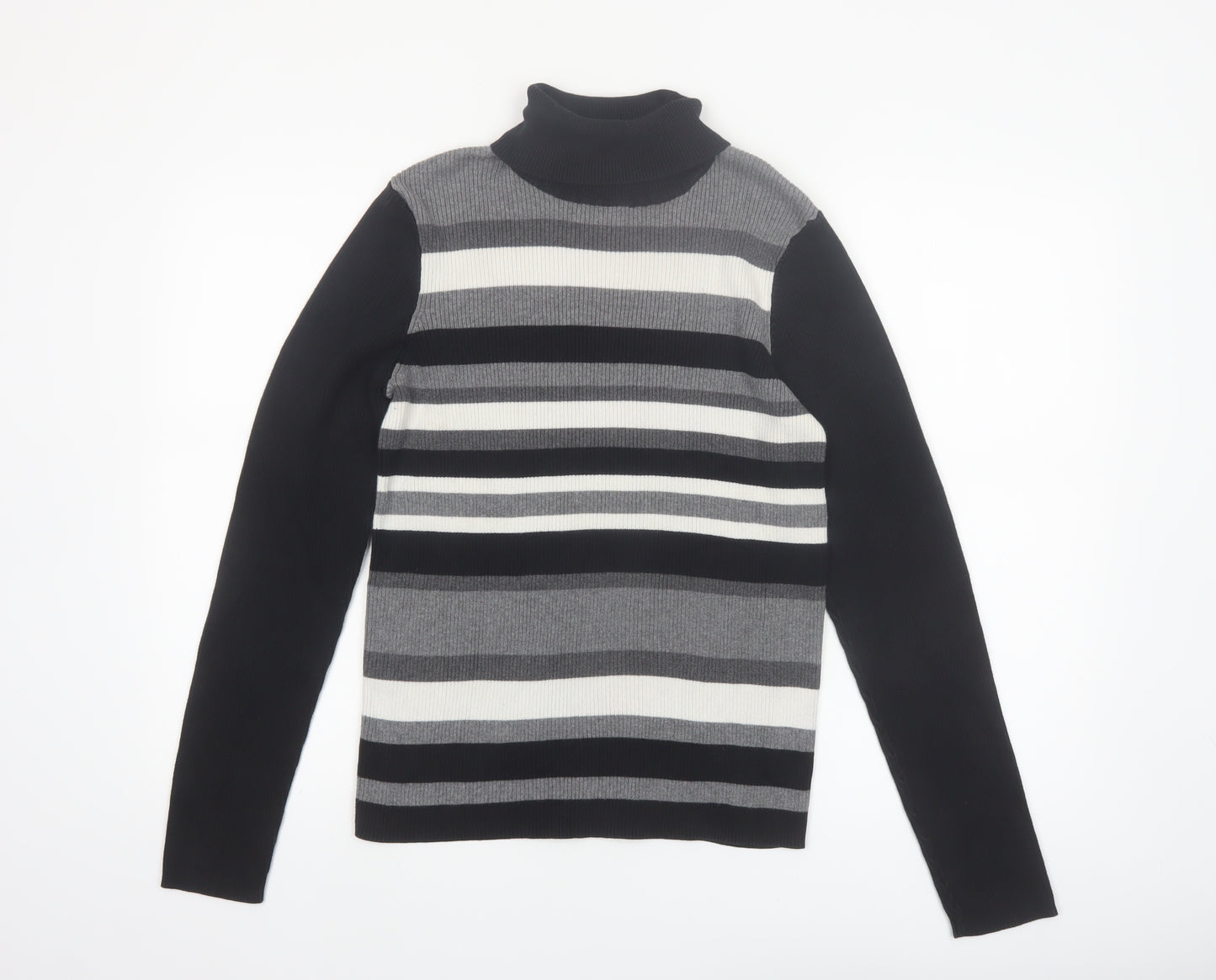 Northern Reflections Women’s Black Striped Roll Neck Cotton Jumper Size L