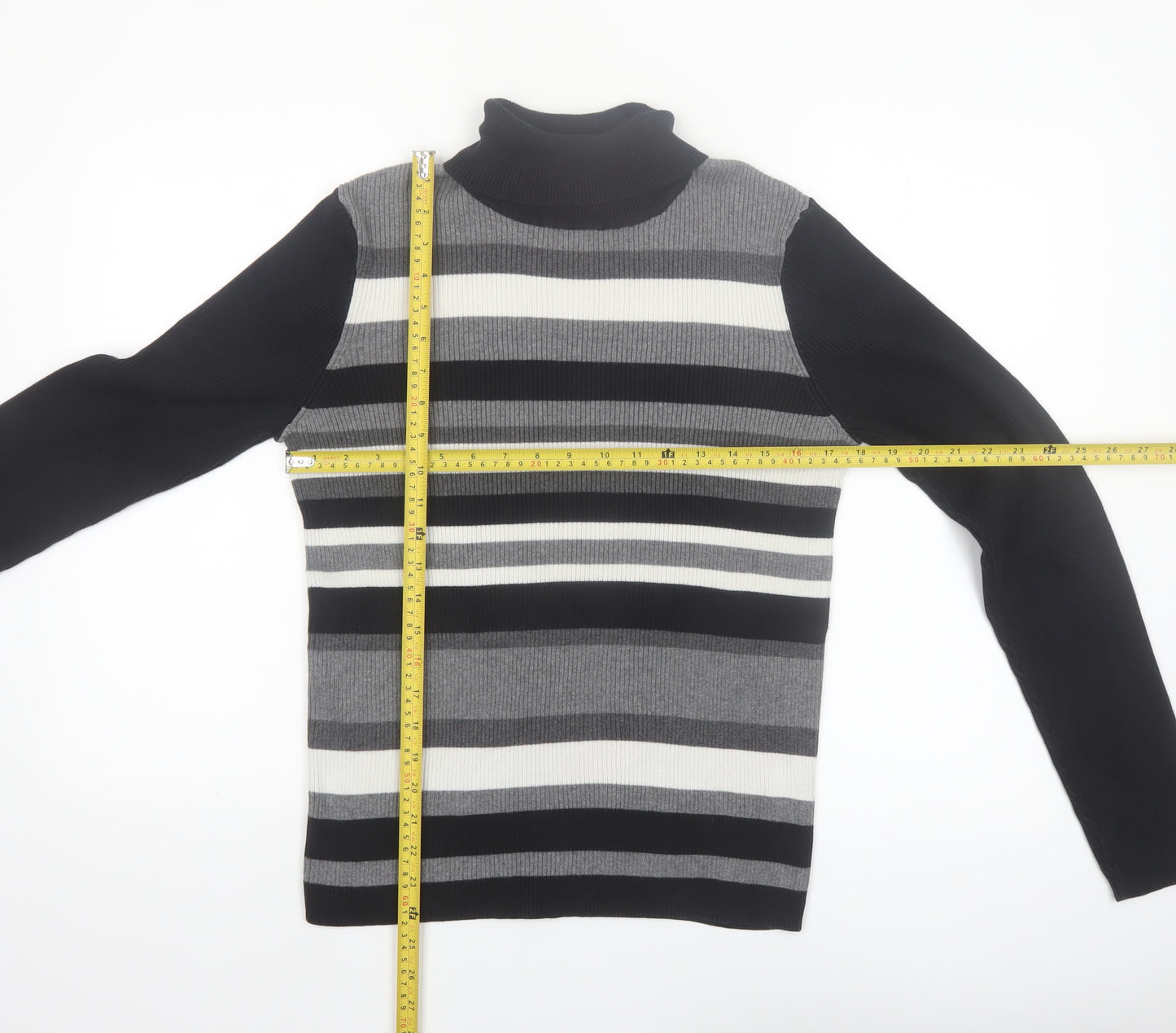 Northern Reflections Women’s Black Striped Roll Neck Cotton Jumper Size L