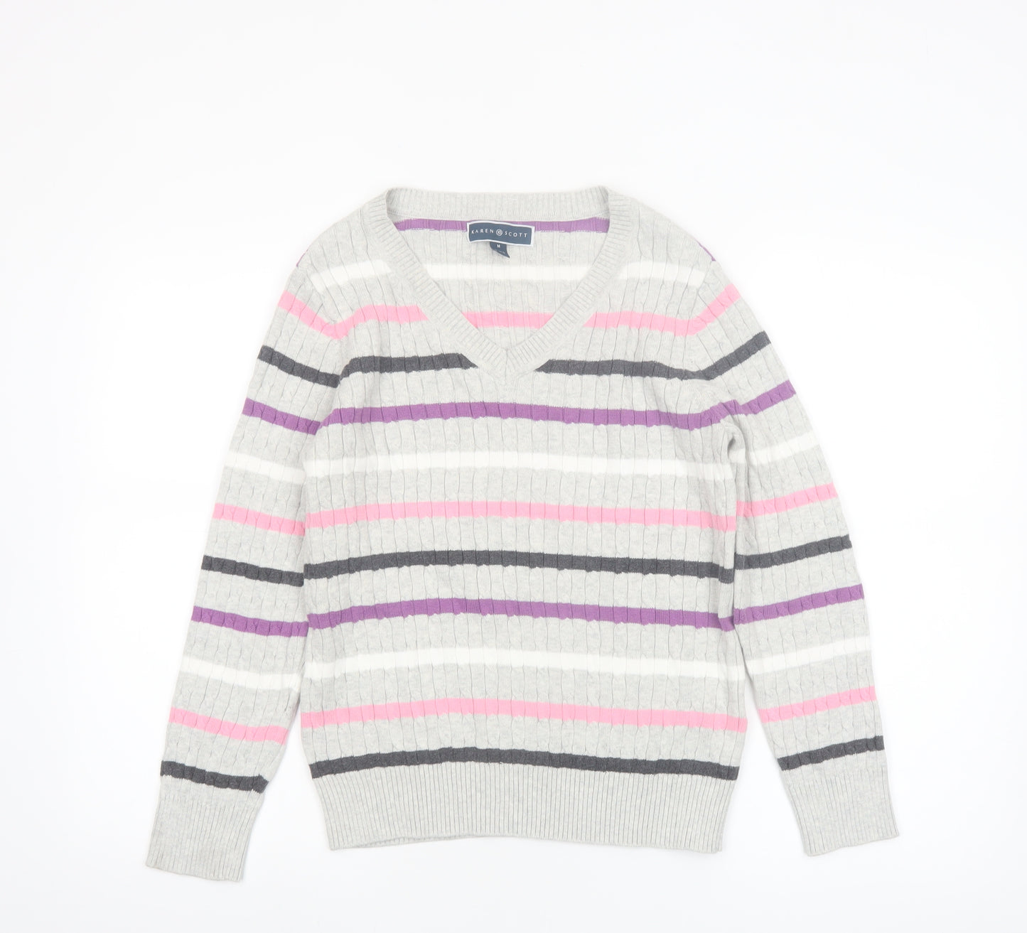 Karen Scott Women’s Multicoloured Striped V-Neck Cotton Jumper Size 12