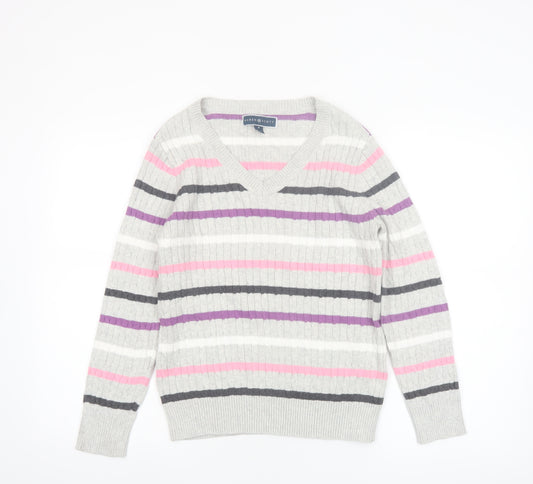 Karen Scott Women’s Multicoloured Striped V-Neck Cotton Jumper Size 12