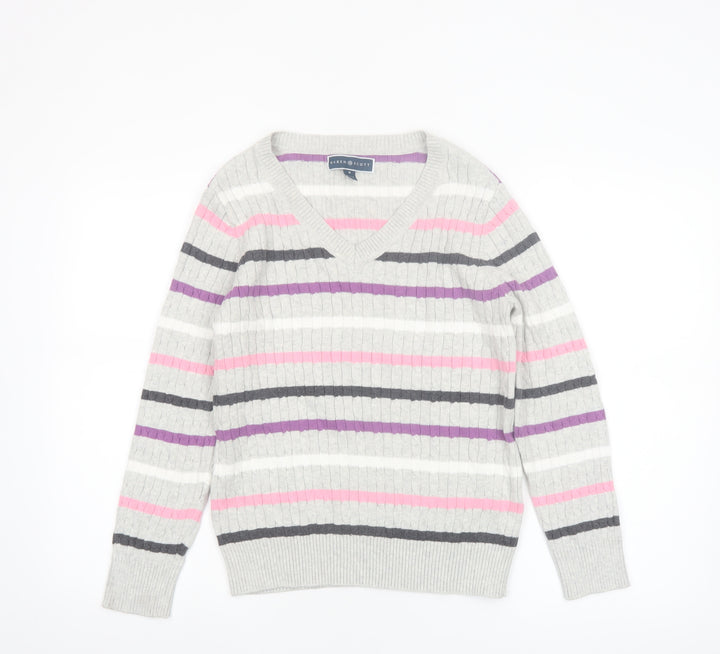 Karen Scott Women’s Multicoloured Striped V-Neck Cotton Jumper Size 12