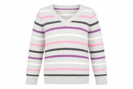 Front view of Karen Scott Women’s Multicoloured Striped V-Neck Cotton Jumper, size UK 12