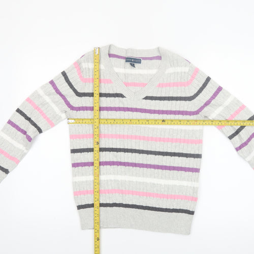 Karen Scott Women’s Multicoloured Striped V-Neck Cotton Jumper Size 12