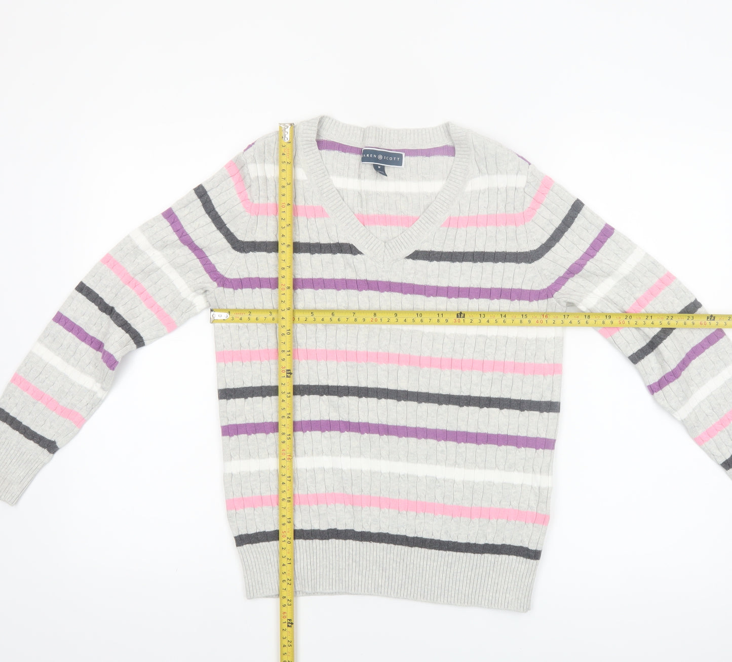 Karen Scott Women’s Multicoloured Striped V-Neck Cotton Jumper Size 12