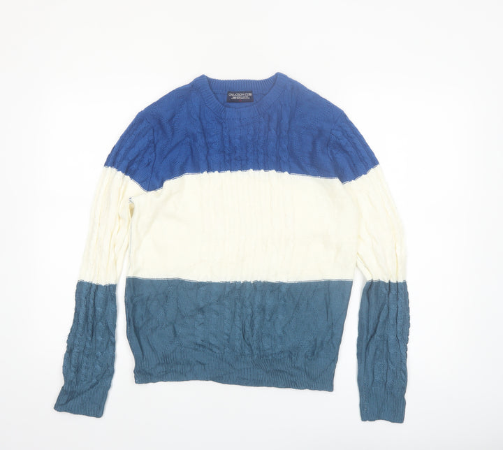 Creation Cube Womens Blue Striped Cable-Knit Pullover Jumper M