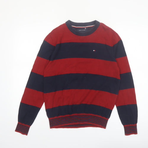 Tommy Hilfiger Men's Red & Navy Striped Cotton Pullover Jumper XS