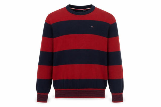 Front view of Tommy Hilfiger Men's Red & Navy Striped Cotton jumper XS