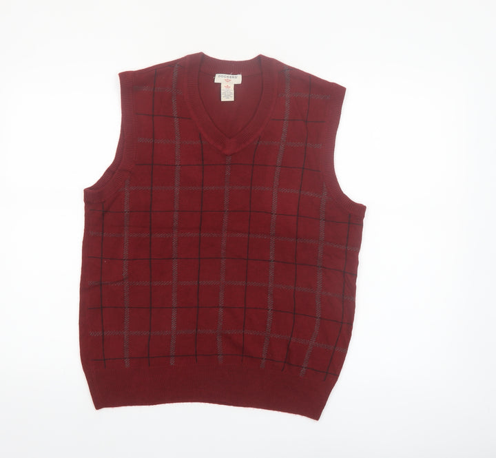 Dockers Men's Red Check V-Neck Sleeveless Knit Jumper Vest Size S