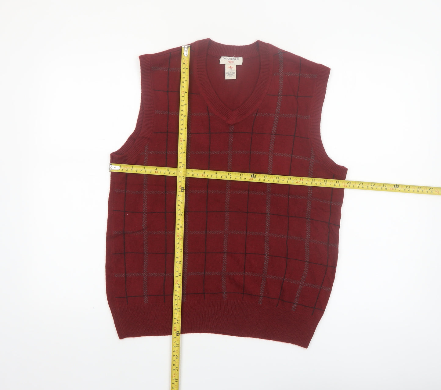 Dockers Men's Red Check V-Neck Sleeveless Knit Jumper Vest Size S