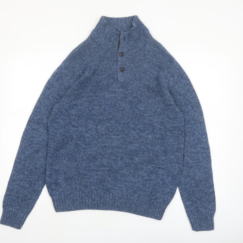 Chaps Men's Blue Cotton Henley Jumper Medium High Neck Pullover