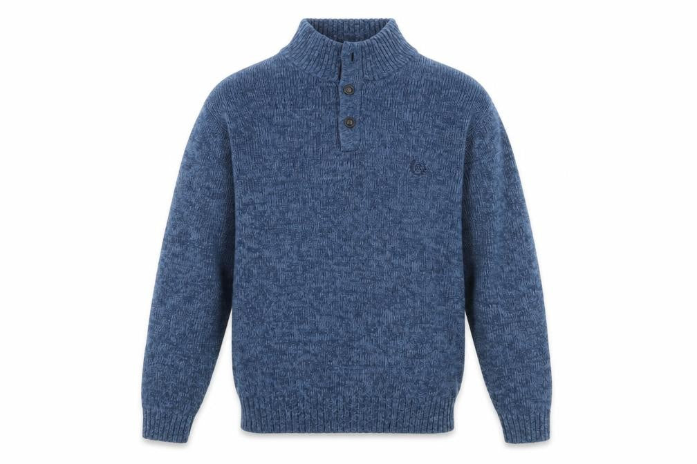Front view of Chaps Men's Blue Cotton Henley Jumper Medium High Neck Pullover