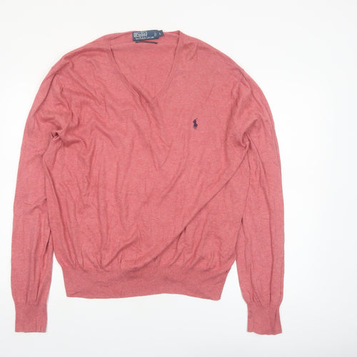 Polo Ralph Lauren Men's Pink V-Neck Cotton Jumper Size L