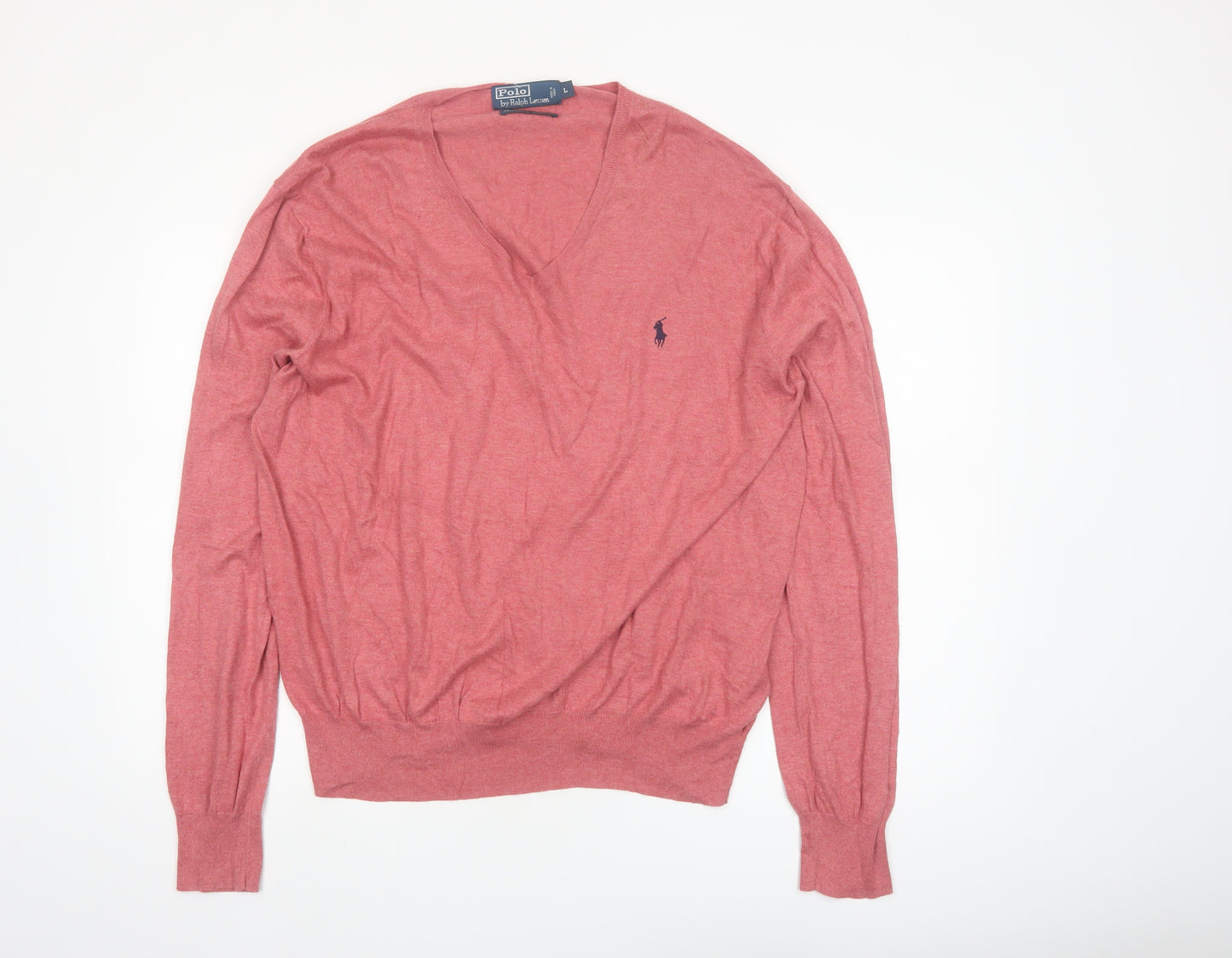 Polo Ralph Lauren Men's Pink V-Neck Cotton Jumper Size L
