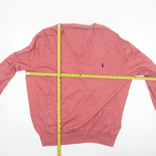 Polo Ralph Lauren Men's Pink V-Neck Cotton Jumper Size L