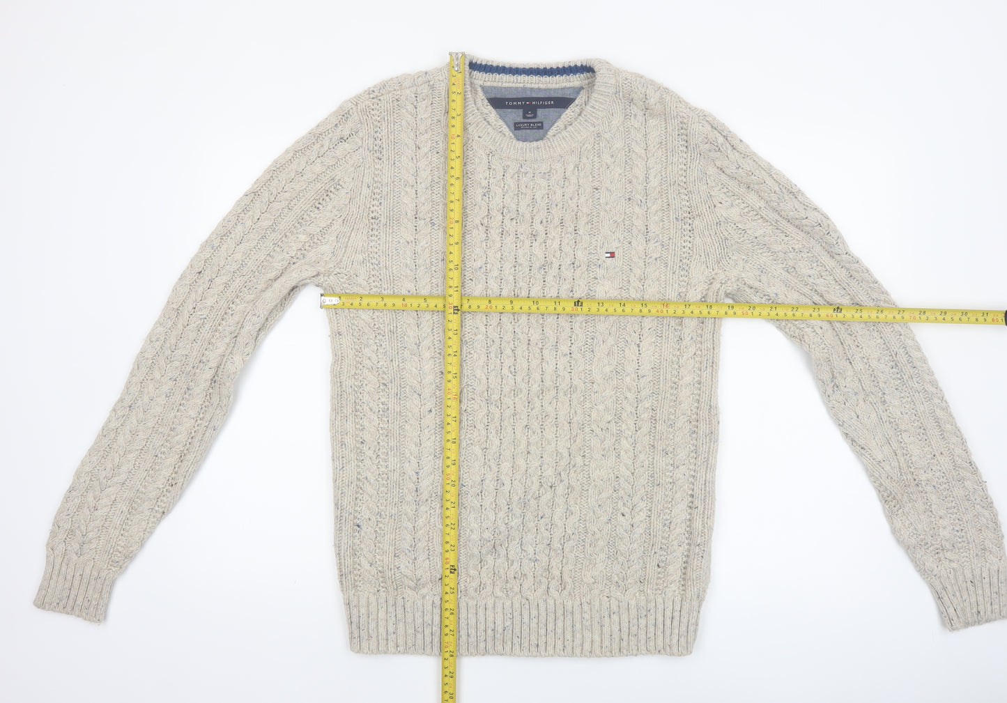 Tommy Hilfiger Men's Beige Cable-Knit Wool Cotton Jumper M Classic Fit