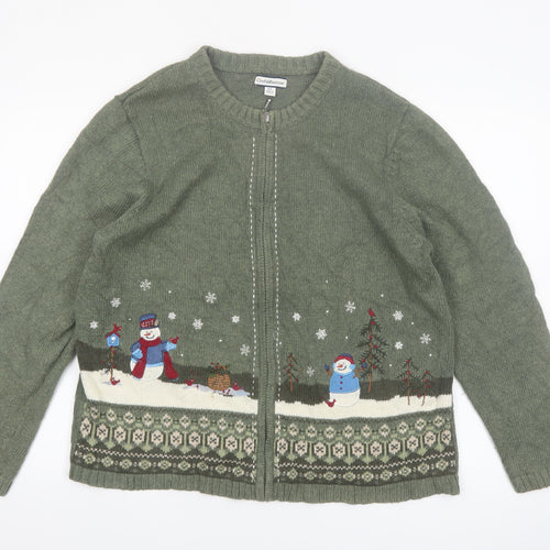 Croft & Barrow Women's Green Christmas Cardigan XL Embroidered Zip Knit