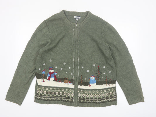 Croft & Barrow Women's Green Christmas Cardigan XL Embroidered Zip Knit