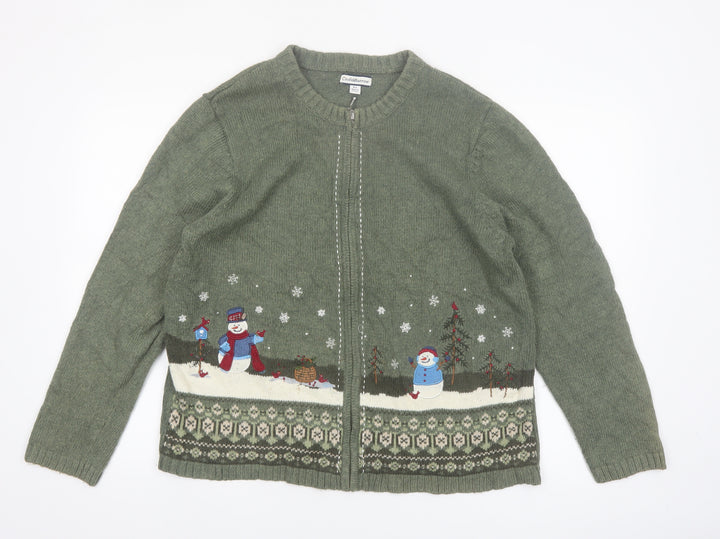 Croft & Barrow Women's Green Christmas Cardigan XL Embroidered Zip Knit