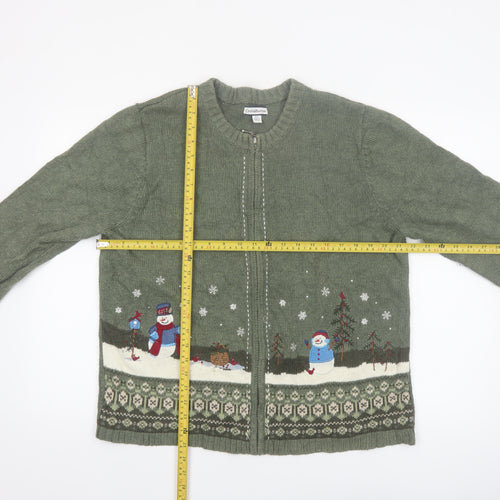 Croft & Barrow Women's Green Christmas Cardigan XL Embroidered Zip Knit