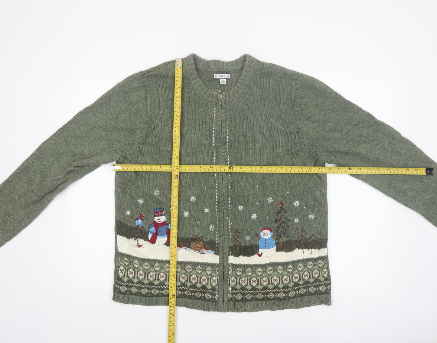Croft & Barrow Women's Green Christmas Cardigan XL Embroidered Zip Knit