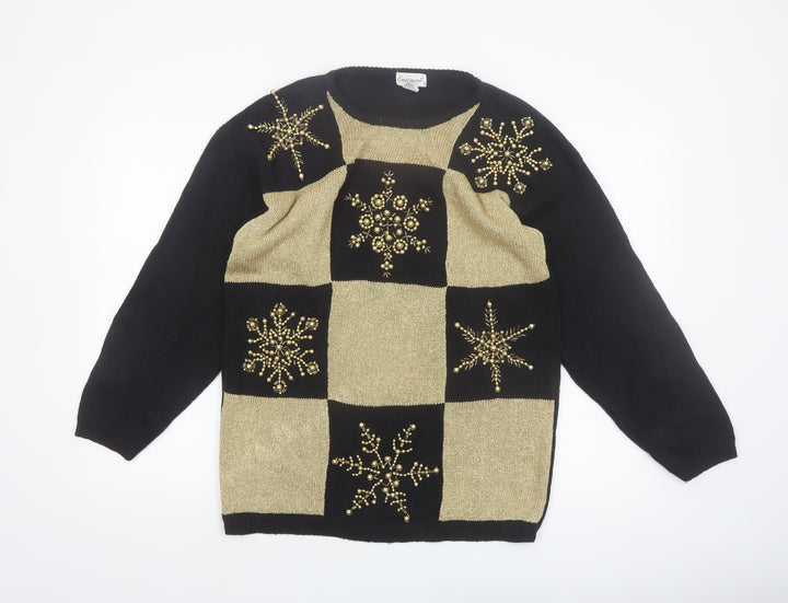 Eminent Womens Black Gold Beaded Christmas Pullover Jumper M