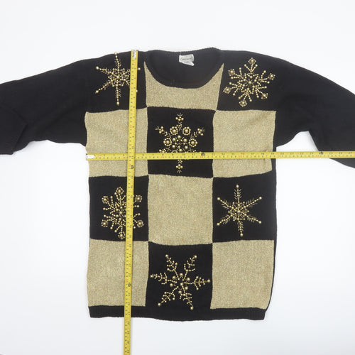 Eminent Womens Black Gold Beaded Christmas Pullover Jumper M