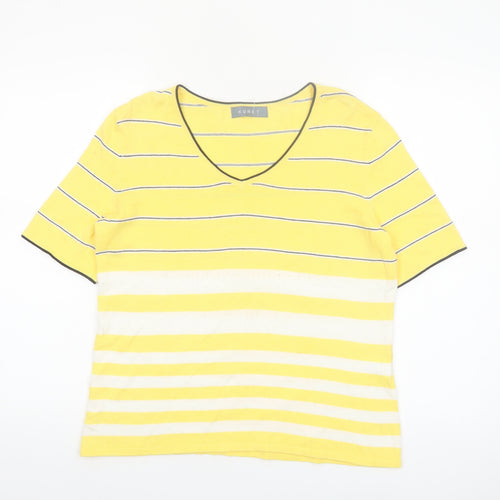 Koret Women Yellow Striped V-Neck Cotton Short Sleeve T-Shirt Size S