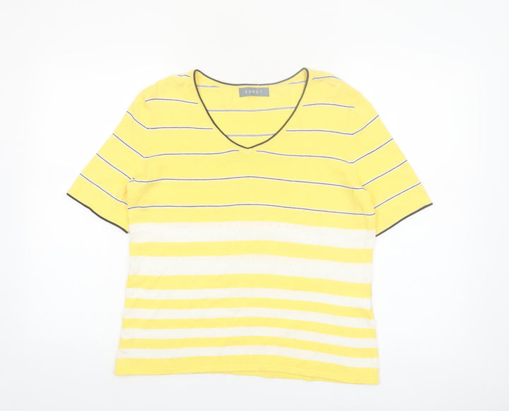 Koret Women Yellow Striped V-Neck Cotton Short Sleeve T-Shirt Size S
