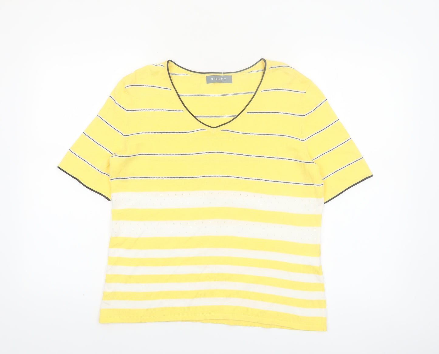 Koret Women Yellow Striped V-Neck Cotton Short Sleeve T-Shirt Size S