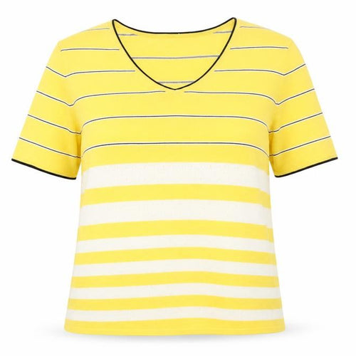 Koret Women Yellow Striped V-Neck Cotton Short Sleeve T-Shirt Size S