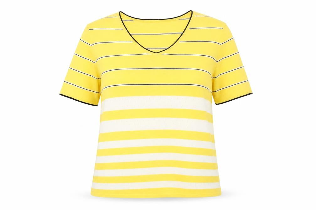 Koret Women Yellow Striped V-Neck Cotton Short Sleeve T-Shirt Size S