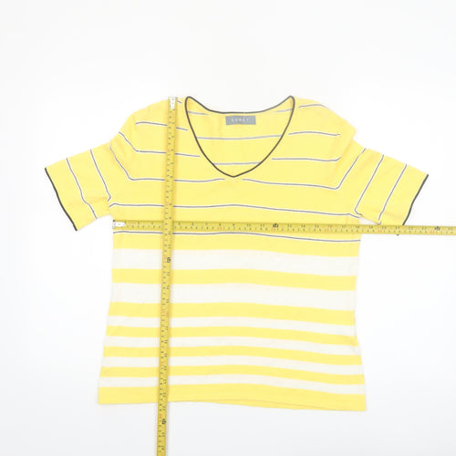 Koret Women Yellow Striped V-Neck Cotton Short Sleeve T-Shirt Size S