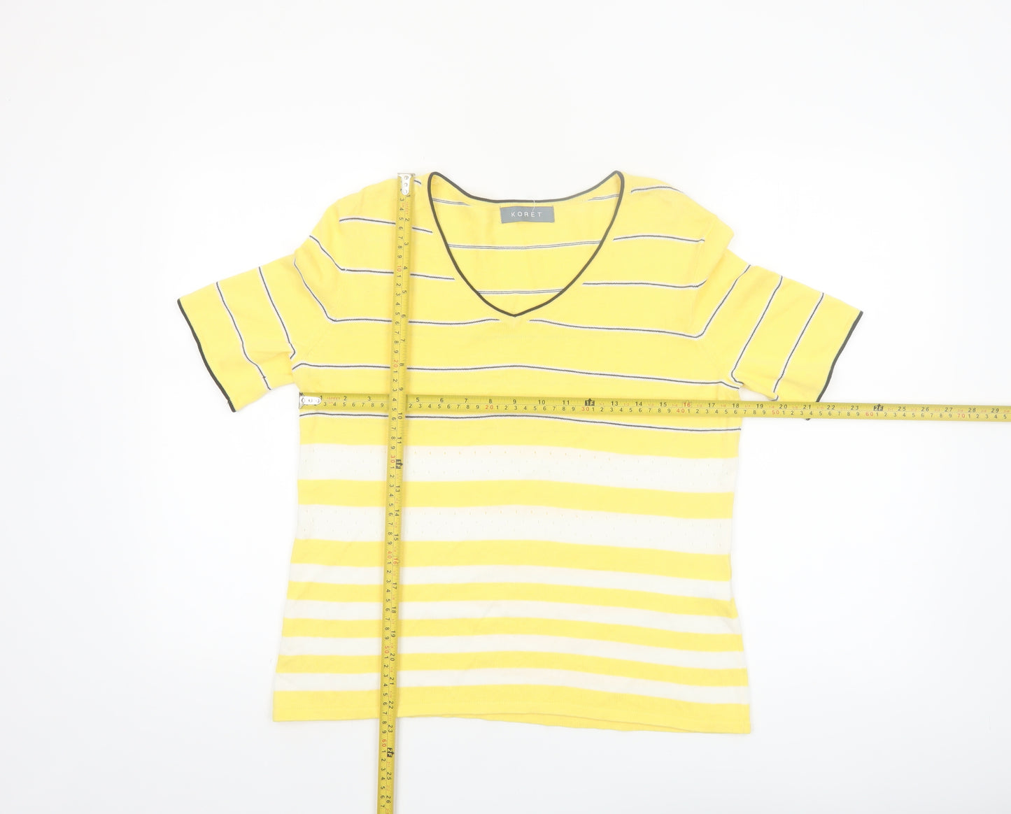 Koret Women Yellow Striped V-Neck Cotton Short Sleeve T-Shirt Size S