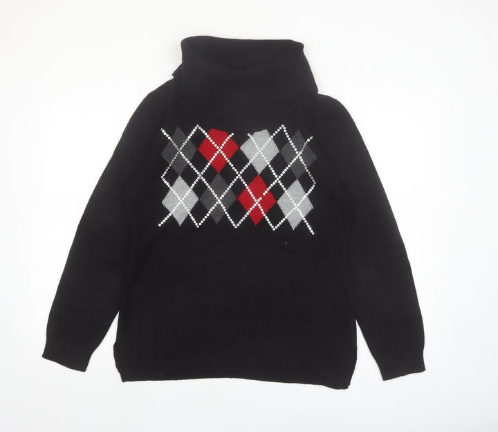 Karen Scott Women's Black Argyle Roll Neck Acrylic Jumper Size S