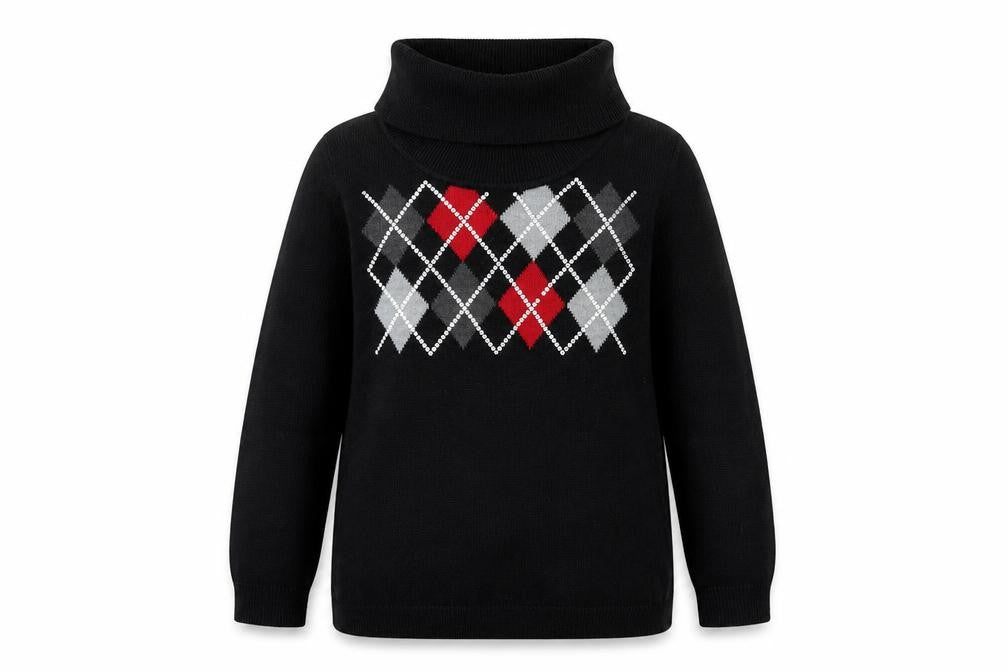 Front view of Karen Scott Women's Black Argyle Roll Neck Acrylic Jumper, size S