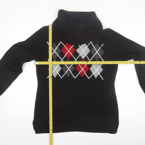 Karen Scott Women's Black Argyle Roll Neck Acrylic Jumper Size S