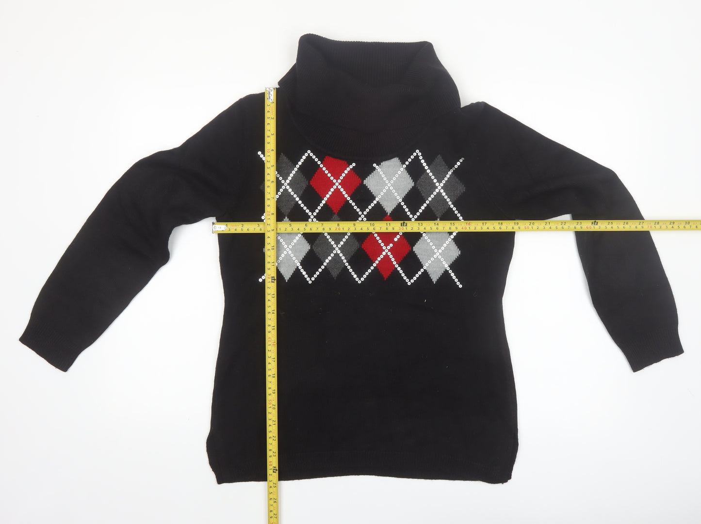 Karen Scott Women's Black Argyle Roll Neck Acrylic Jumper Size S