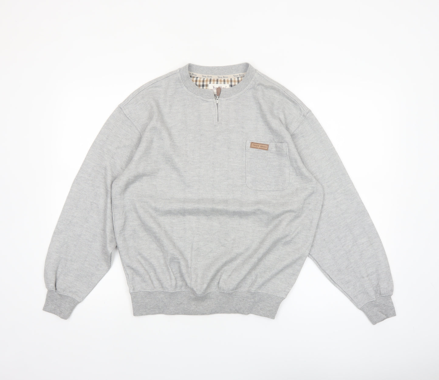 Troy Bros Men's Grey 1/4 Zip Cotton Blend Jumper Size L