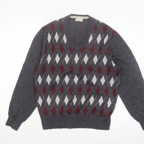 Prestige Style Men's Grey Argyle V-Neck Wool Blend Jumper M