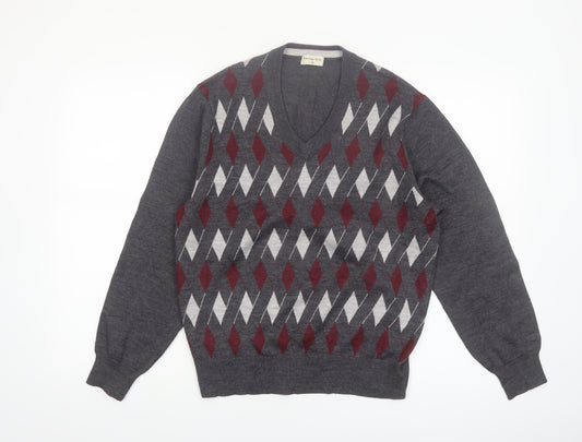 Prestige Style Men's Grey Argyle V-Neck Wool Blend Jumper M
