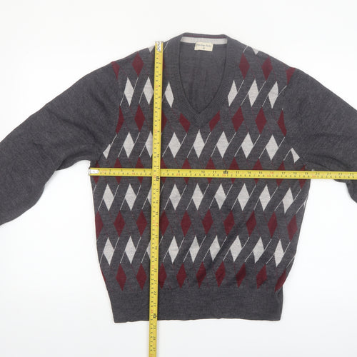 Prestige Style Men's Grey Argyle V-Neck Wool Blend Jumper M