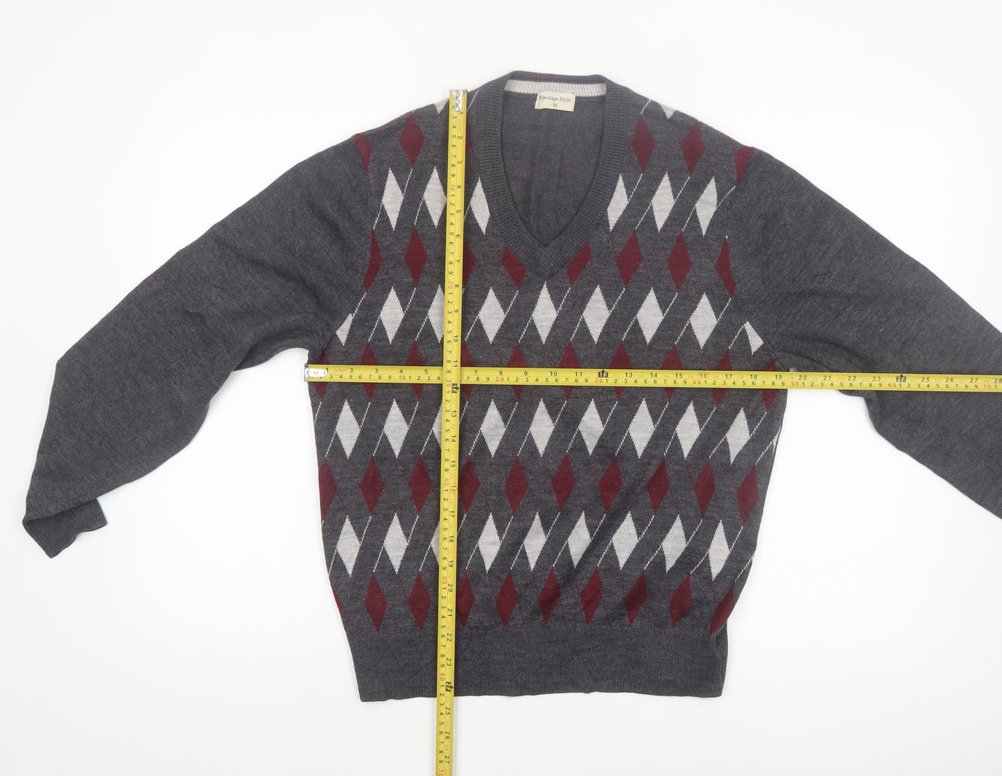 Prestige Style Men's Grey Argyle V-Neck Wool Blend Jumper M