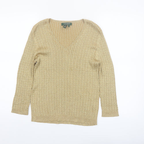 Lauren Ralph Lauren Women’s Gold Silk Blend V-Neck Petite Jumper L
