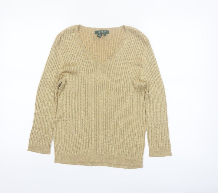 Lauren Ralph Lauren Women’s Gold Silk Blend V-Neck Petite Jumper L