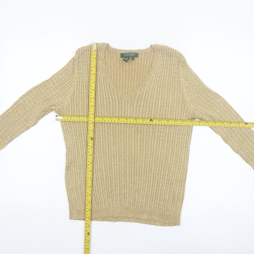 Lauren Ralph Lauren Women’s Gold Silk Blend V-Neck Petite Jumper L
