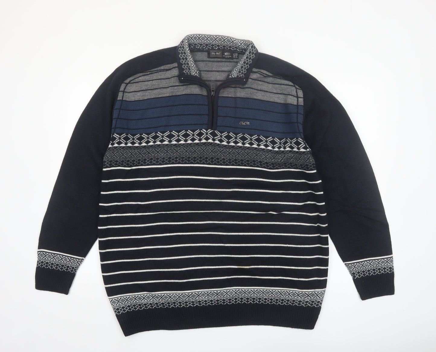City Chic Men Blue 2XL 1/4 Zip Striped Knit Jumper