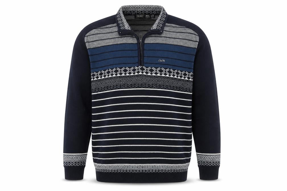Front view of City Chic Men Blue 2XL 1/4 Zip Striped Knit Jumper
