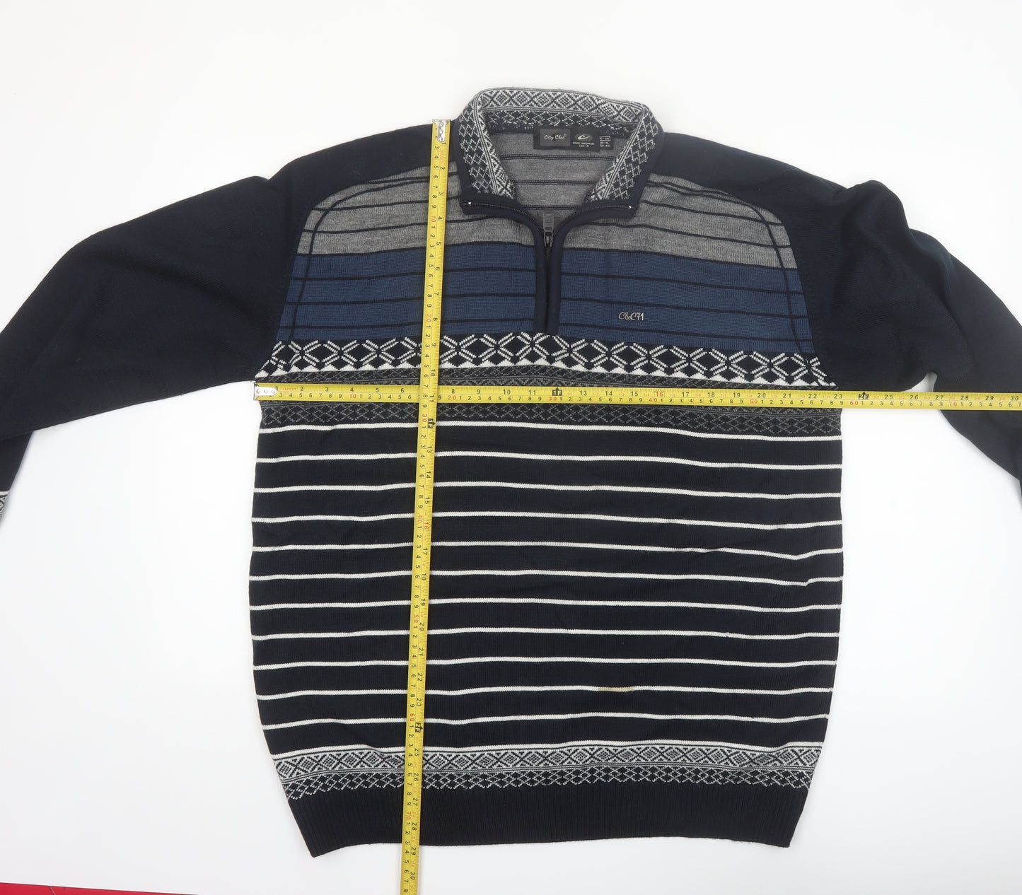 City Chic Men Blue 2XL 1/4 Zip Striped Knit Jumper
