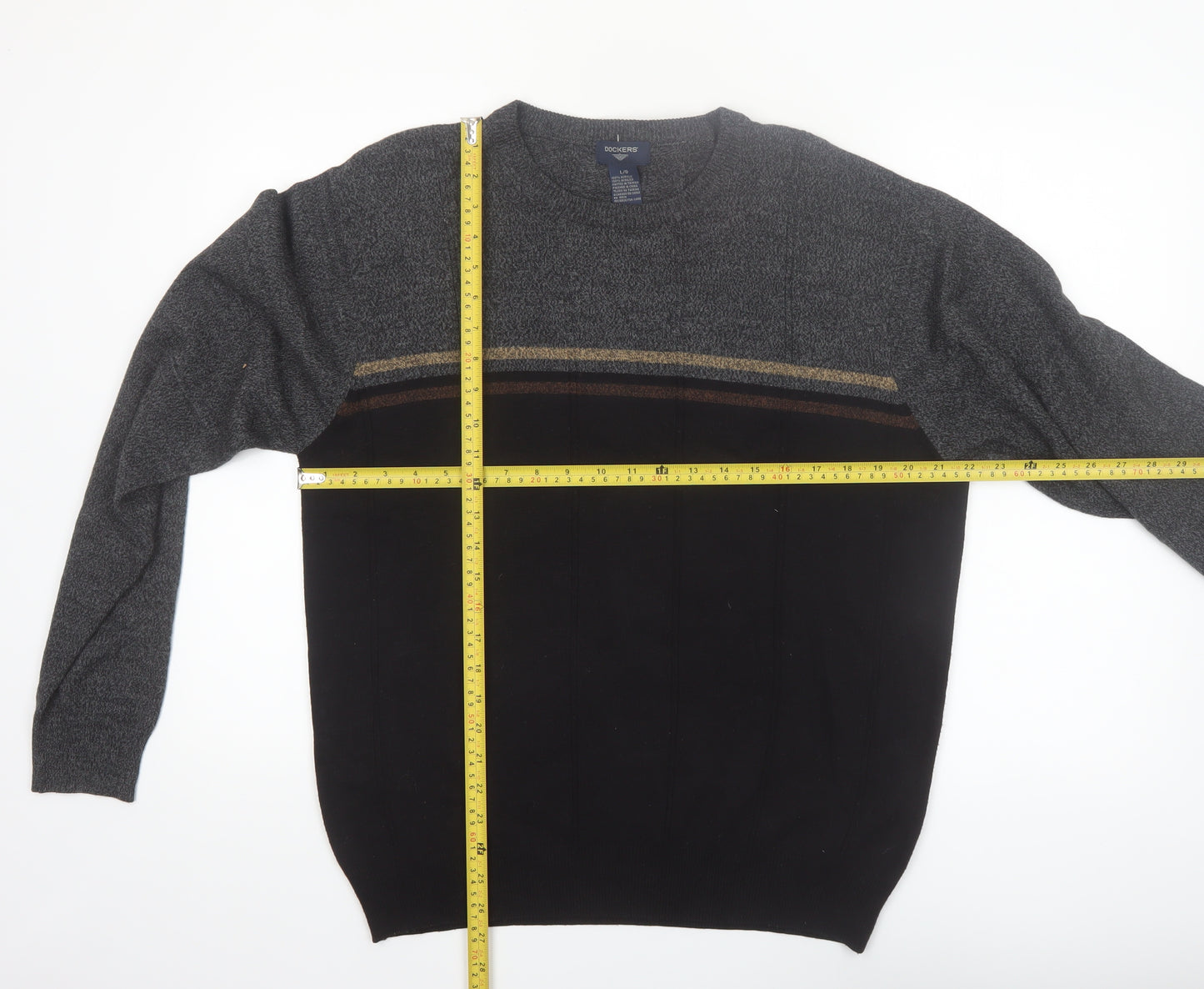 Dockers Men's Grey Acrylic Striped Crew Neck Pullover Jumper L