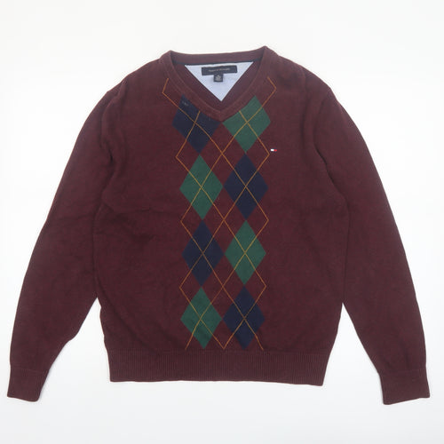 Tommy Hilfiger Men’s Red Argyle V-Neck Cotton Jumper XS